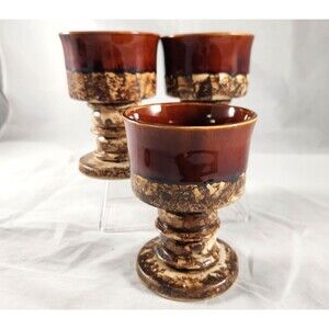 Set of 3 Studio Art Pottery Handmade Wine Goblet Glasses Brown Glazed